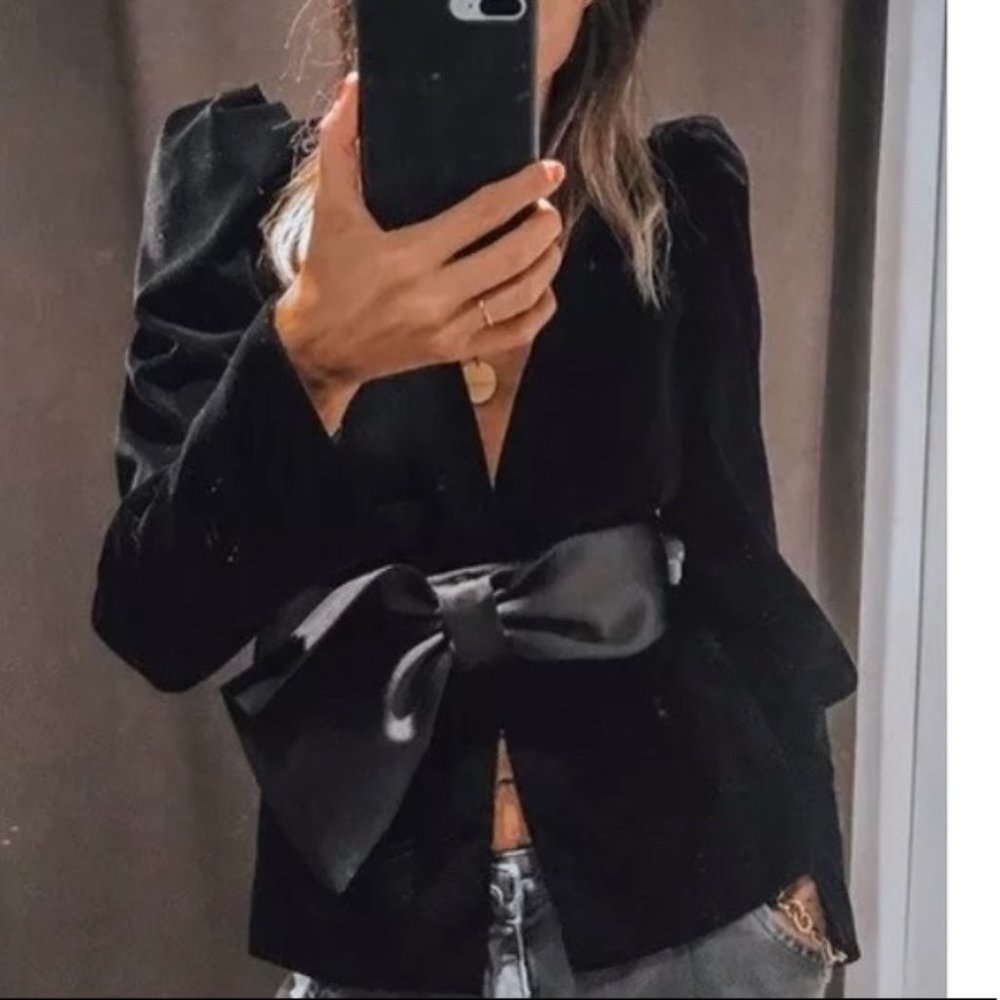 ZARA Black Velvet Jacket with Bow & Puff Shoulders
